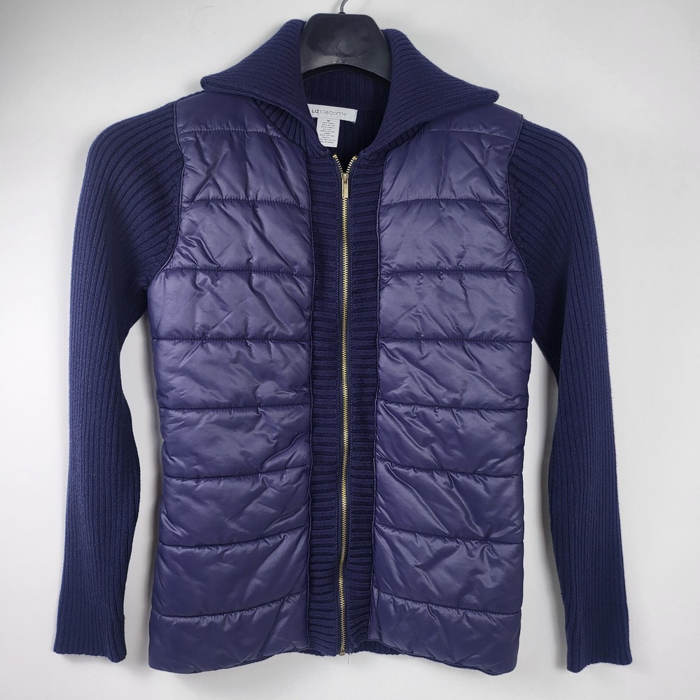 Liz Claiborne Puffer Jacket Womens Size Medium Full Zip Collared Rib Knit Blue